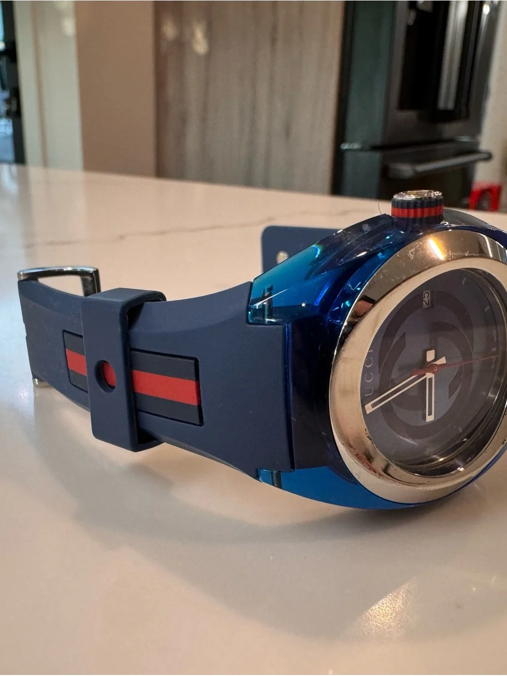 Gucci Blue and Black Silicone Strap Watch with Red Accent